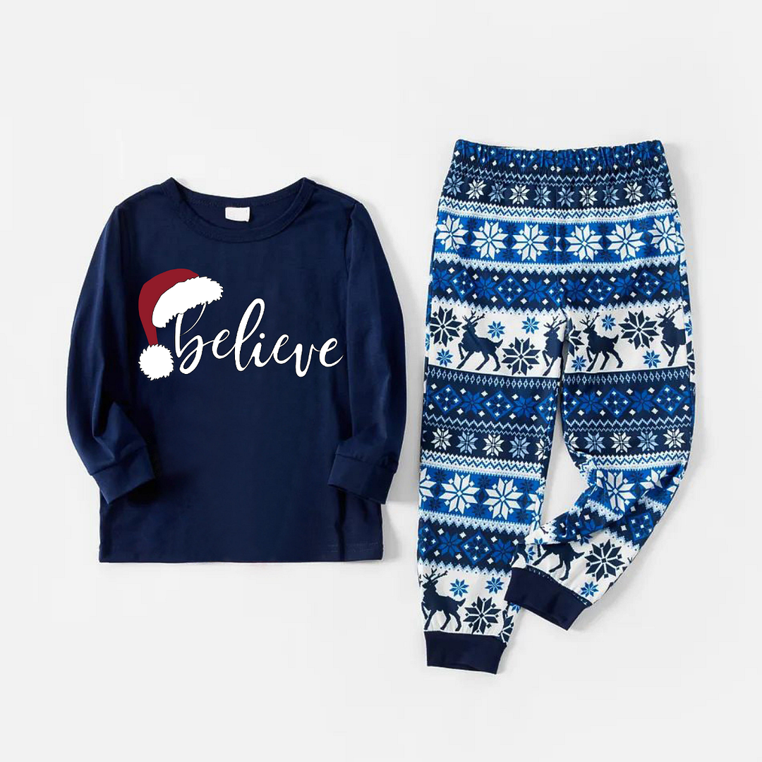 "Believe" Print Blue Family Christmas Matching Pajamas