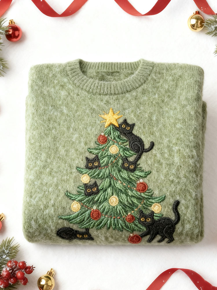 Comstylish Cute Black Cat Christmas Tree Cozy Knit Sweater