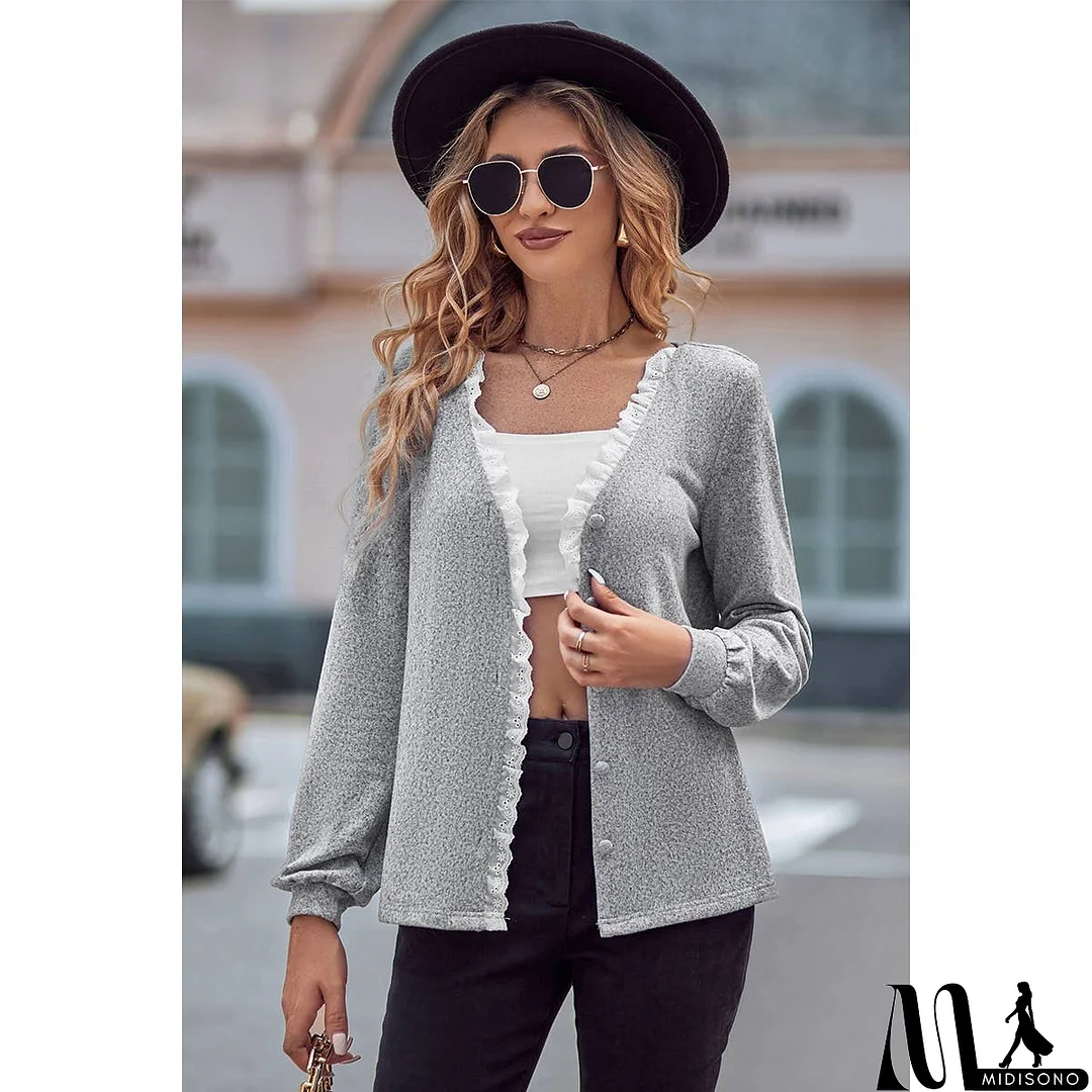 MidiSono - Front Open Button Lace Trim Fit V Neck Top