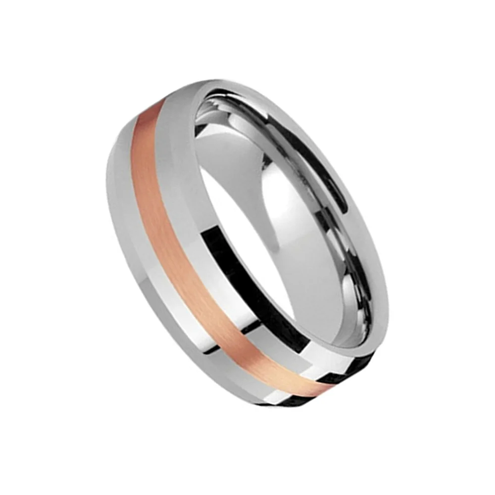 6MM 8MM Silver Tungsten Carbide Thin Rose Gold Line With Bevel Edge Men Wedding Bands