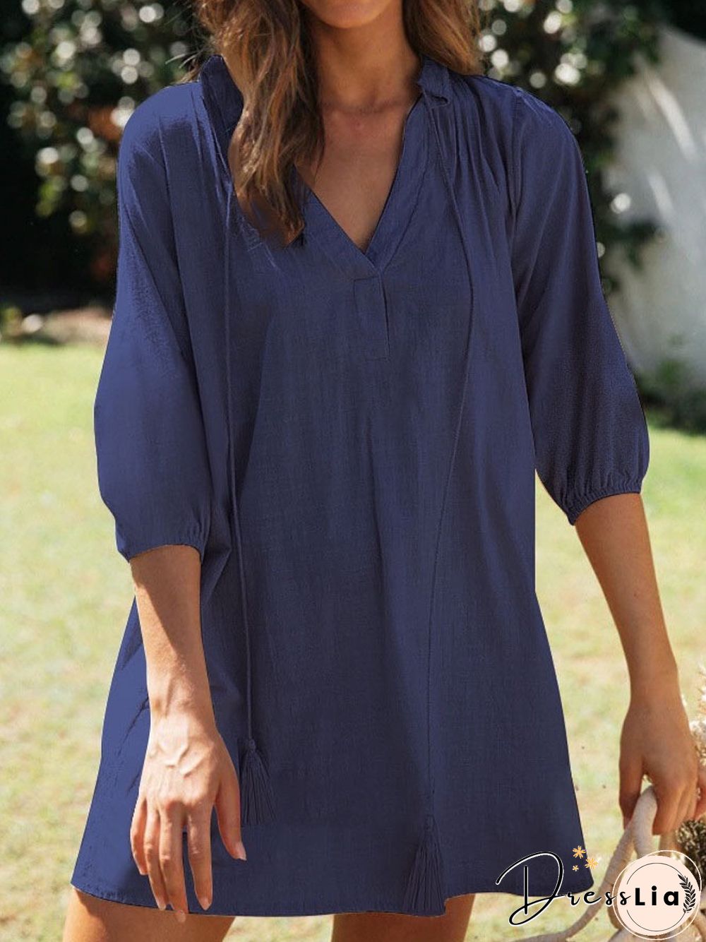 Cotton Blends Solid Short Sleeve Woven Dress