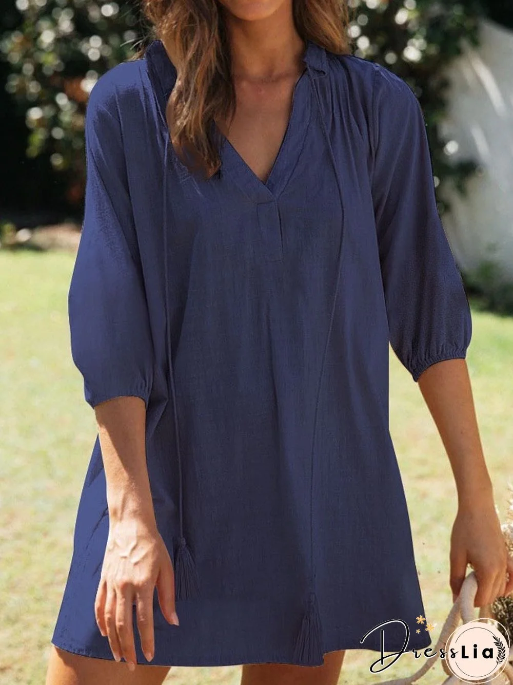 Cotton Blends Solid Short Sleeve Woven Dress