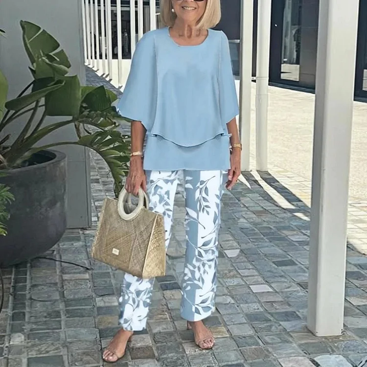 Trendy Green Print 3/4 Sleeve Two Piece Set