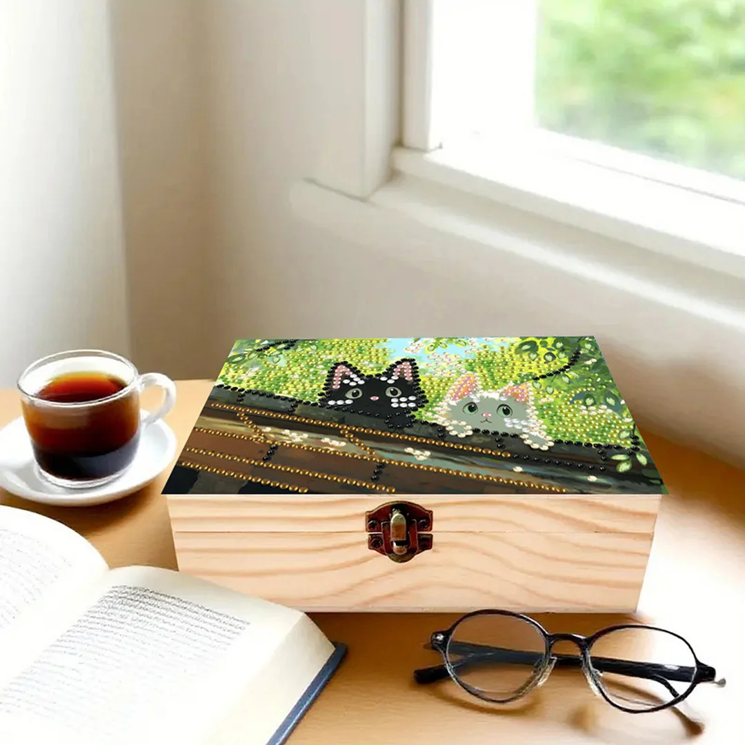 Black and White Cat DIY Wooden 5D Diamond Art Diamond Art Storage Box for Adults
