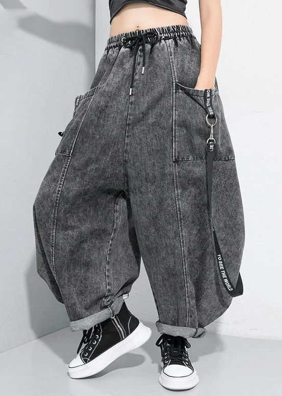 Beautiful Black Grey Cinched Patchwork denim Pants Trousers