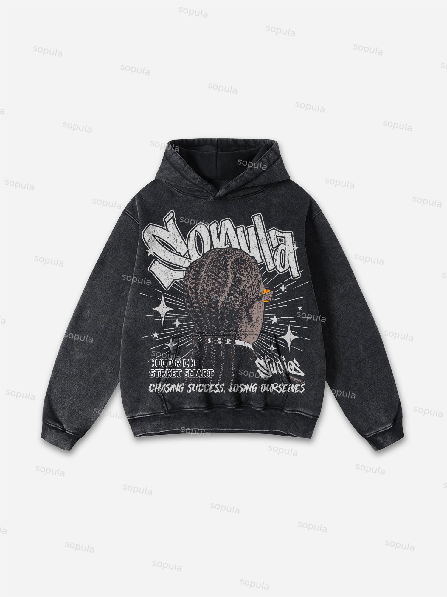 Sopula Street Dirty Braided Characters Graphic Washed Hoodie - Sopula｜Premium Graphic Tees & Graphic Clothing