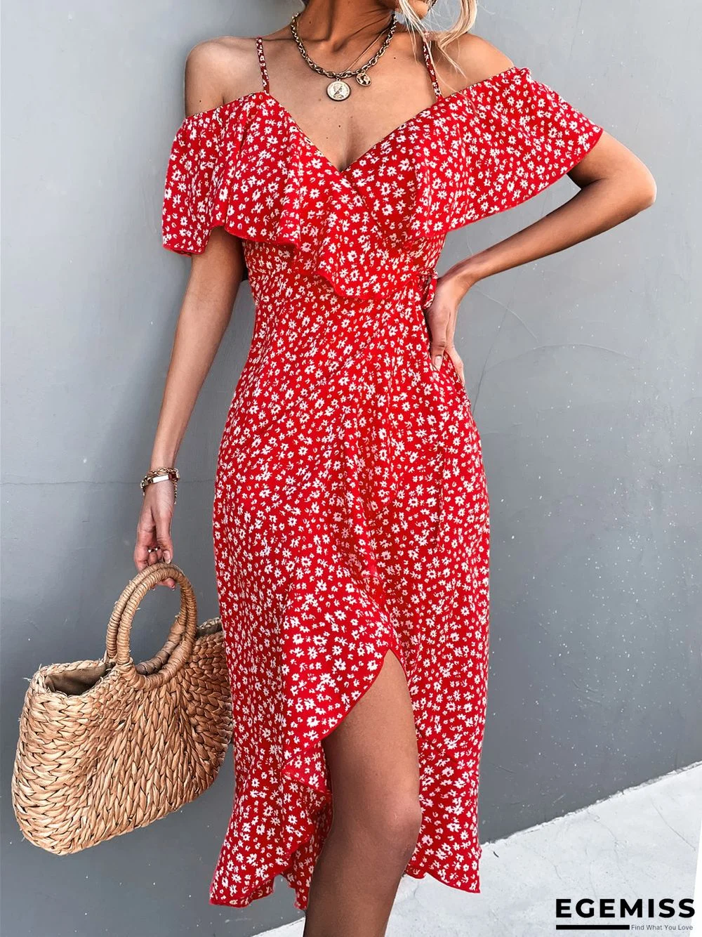 One Shoulder Floral Halter Dress Irregular Dress | EGEMISS