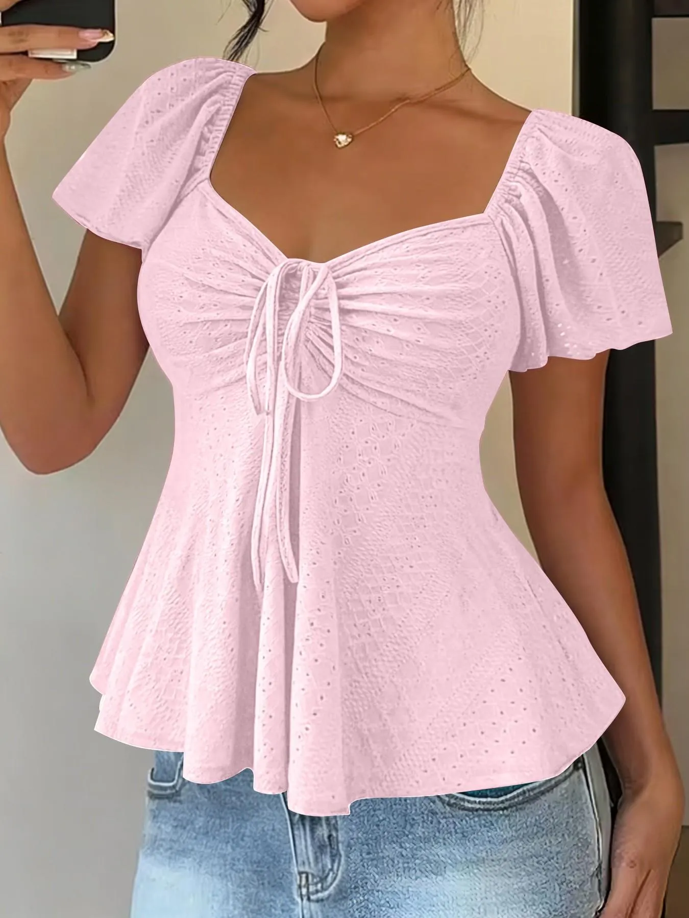Women's Sweet Cute Style Breathable Lightweight Short Sleeve Top Blouse for Daily, Everyday Wear, Summer Casual Wear, Comfortable and Stylish Shirts Women's Sweet Cute Style Breathable Lightweight Short Sleeve Top Blouse for Daily, Everyday Wear, Summer Casual Wear, Comfortable and Stylish Shirts