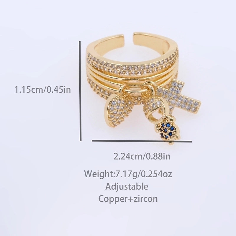Copper 18K Gold Plated Cute Modern Style Plating Inlay Human Heart Shape Zircon Wide Band Rings Charm Rings Open Rings