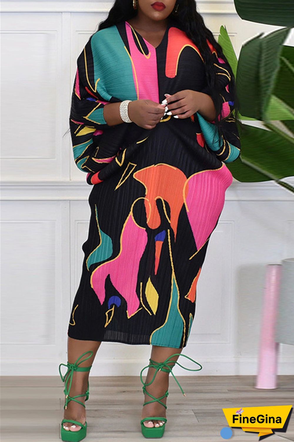 Pink Purple Casual Print Patchwork V Neck Pencil Skirt Plus Size Dresses