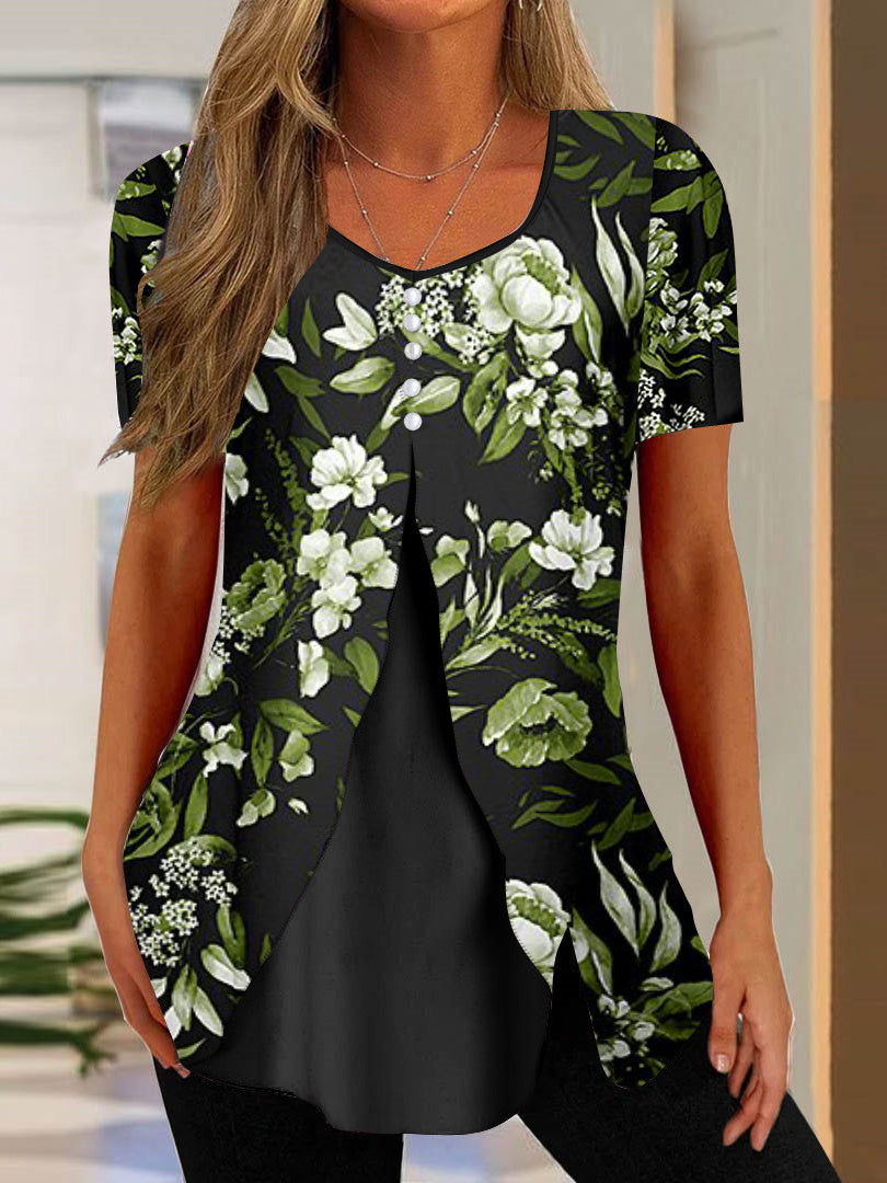 Women Long Sleeve V-neck Graphic Floral Printed Top