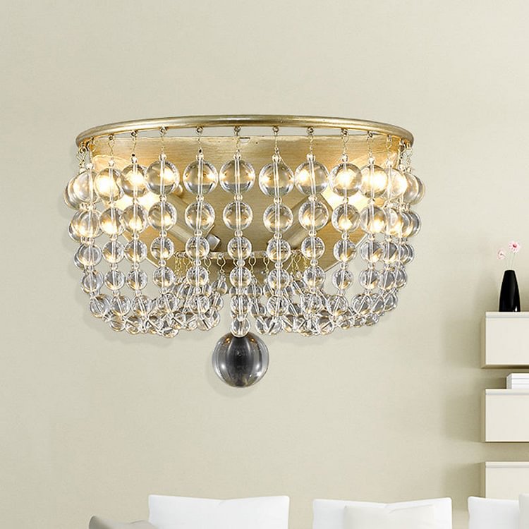 2 Lights Crystal Wall Sconce Traditionalist Gold Bead Living Room Wall Mounted Light