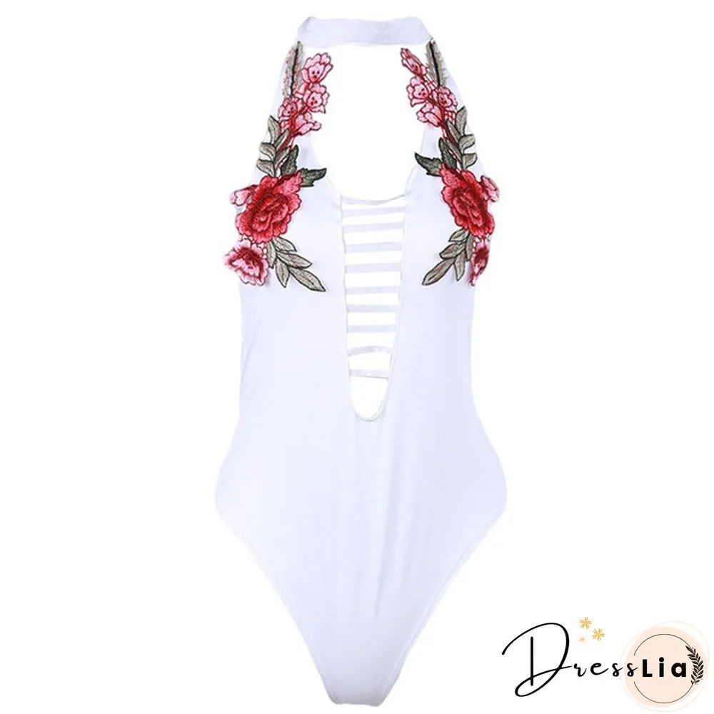 Women's Rose Embroidery Backless Bodysuit High Waist Sexy Rompers
