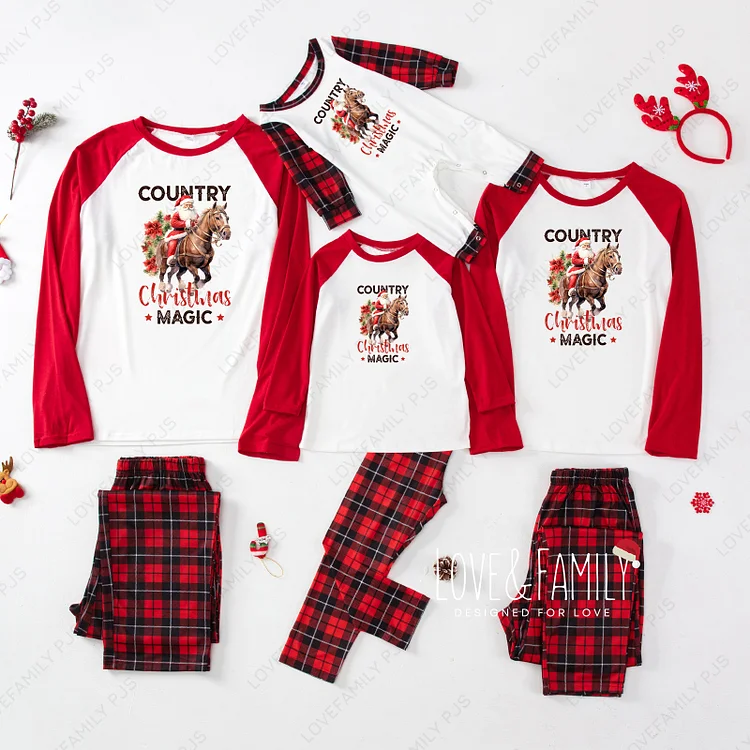 Country Christmas Magic Santa Family Red Plaid Pajamas Sets