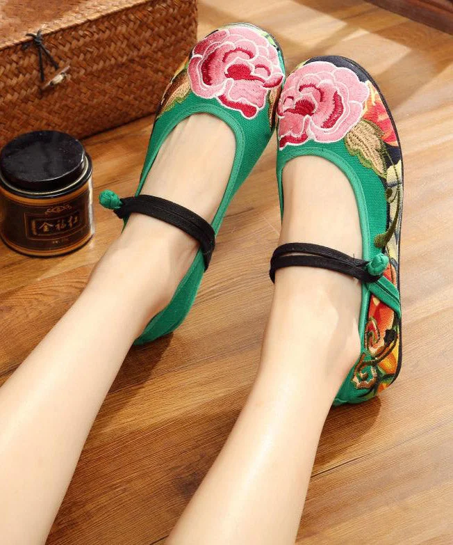 Green Flat Shoes Embroideried Comfy Cotton Fabric Buckle Strap Flat Shoes For Women