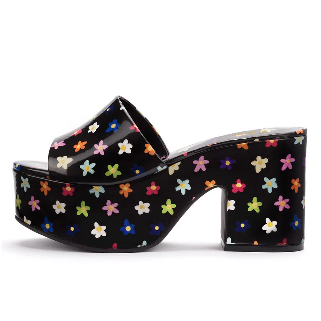 Black Patent Leather Chunky Heel Platform Sandals with Flower Print
