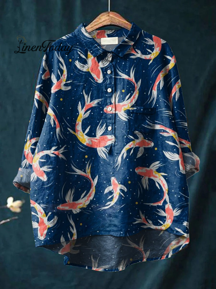 Women’s Fish Art Print Casual Cotton And Linen Shirt Multicolor / S
