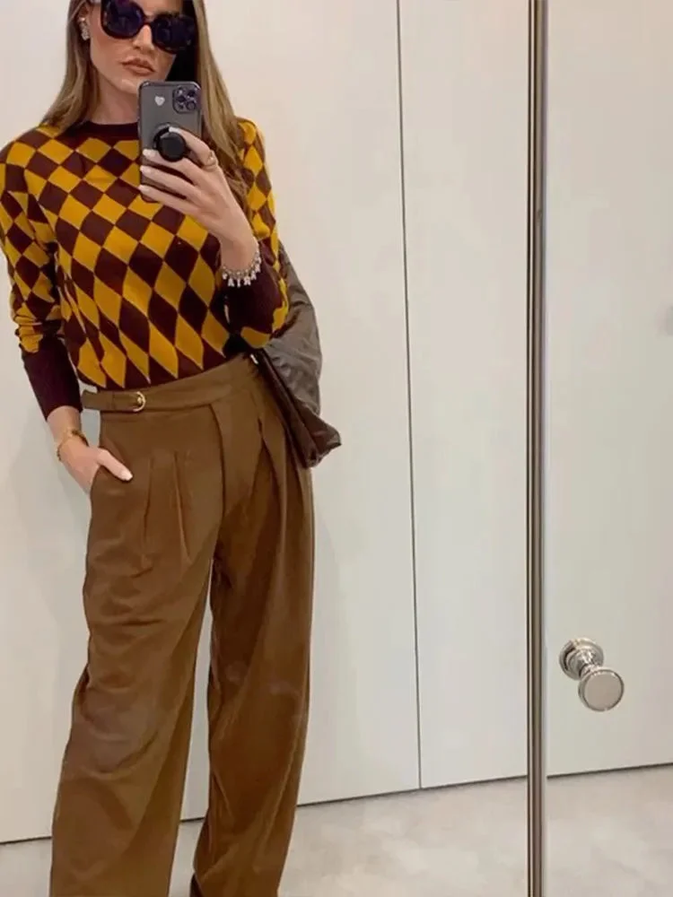 Toloer Brown N Yellow Diamond Printed Sweater-Outfit Ideas