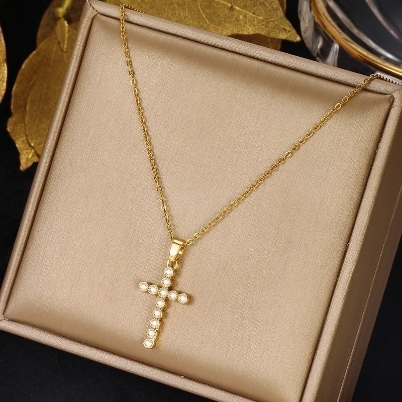 2 Pieces Ethnic Style Cross Stainless Steel Inlay Zircon Pendant Necklace