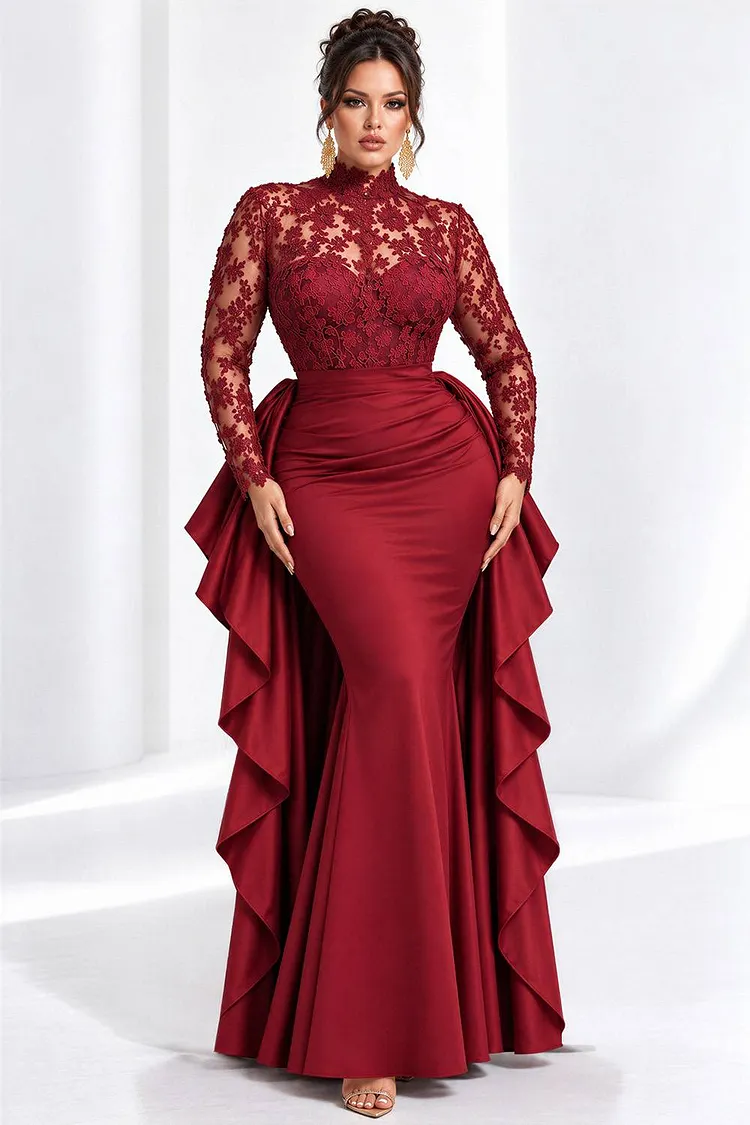Xpluswear Design Plus Size Formal Satin Burgundy Mock Neck Long Sleeve With&nbsp;Skirt&nbsp;Overlay&nbsp;Mermaid Lace Maxi Dresses [Pre-Order] 2024 - Xpluswear