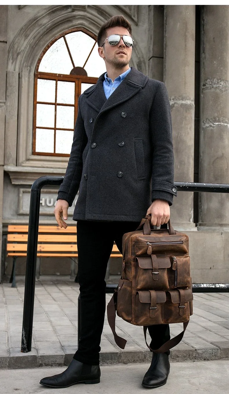 Crazy horse leather tactical business backpack