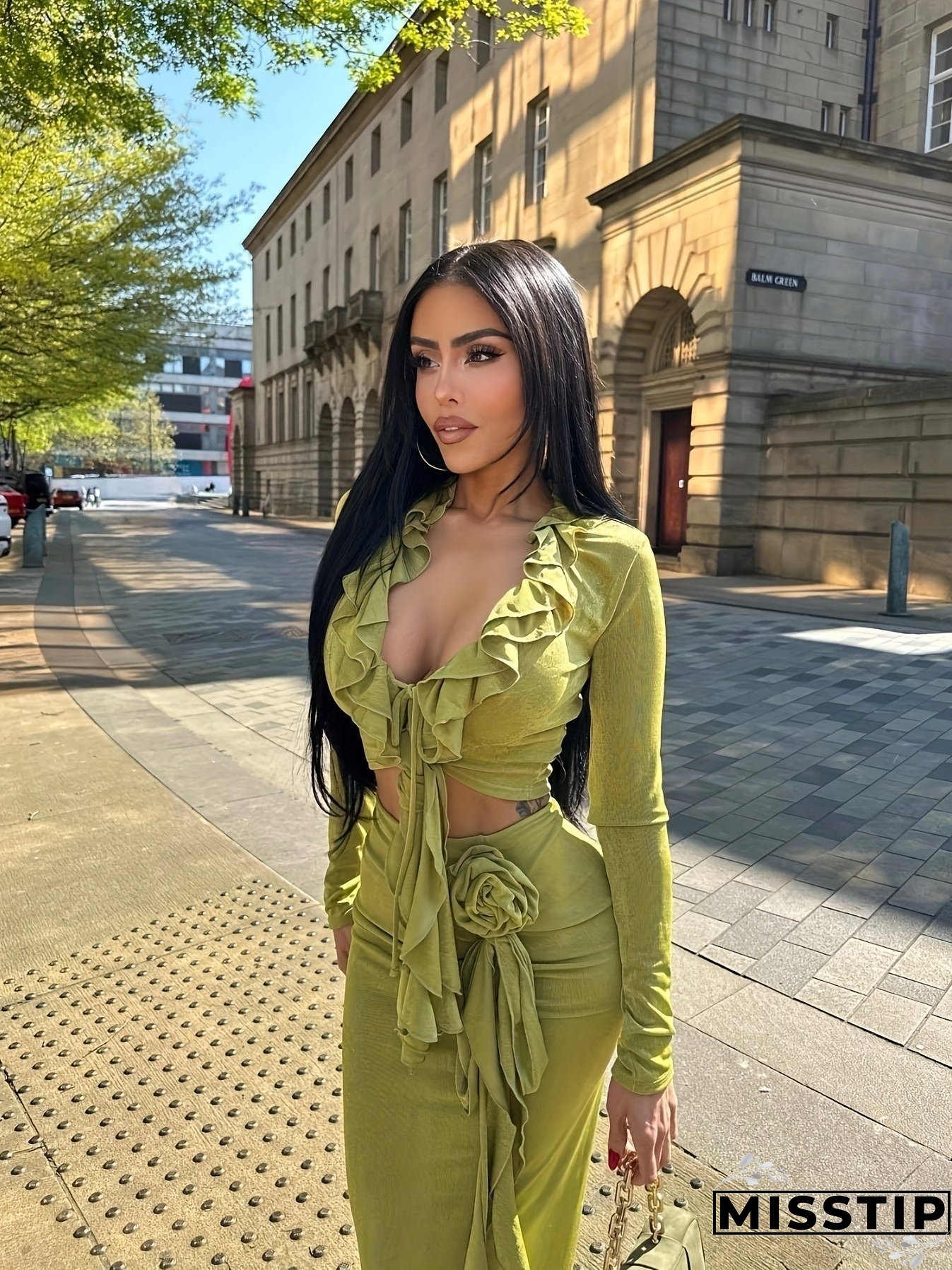 Sexy Ruffle Trim Slim Skirt Set, Long Sleeve Crop Top & Velvet Bodycon Skirt Outfits, Women's Clothing