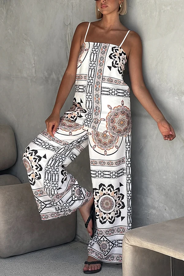 Unique Print Loose Casual Tank Top and Elastic Waist Wide Leg Straight Pants Set