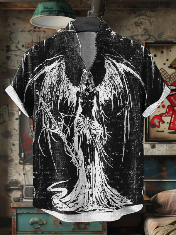 Men's Gothic Art Dark Angel Print Short Sleeve Shirt