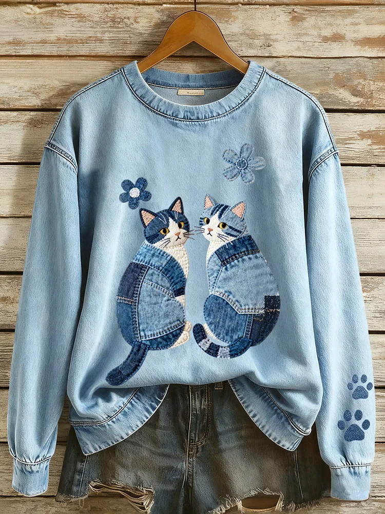 Women's Denim Patchwork Cats Pattern Sweatshirt