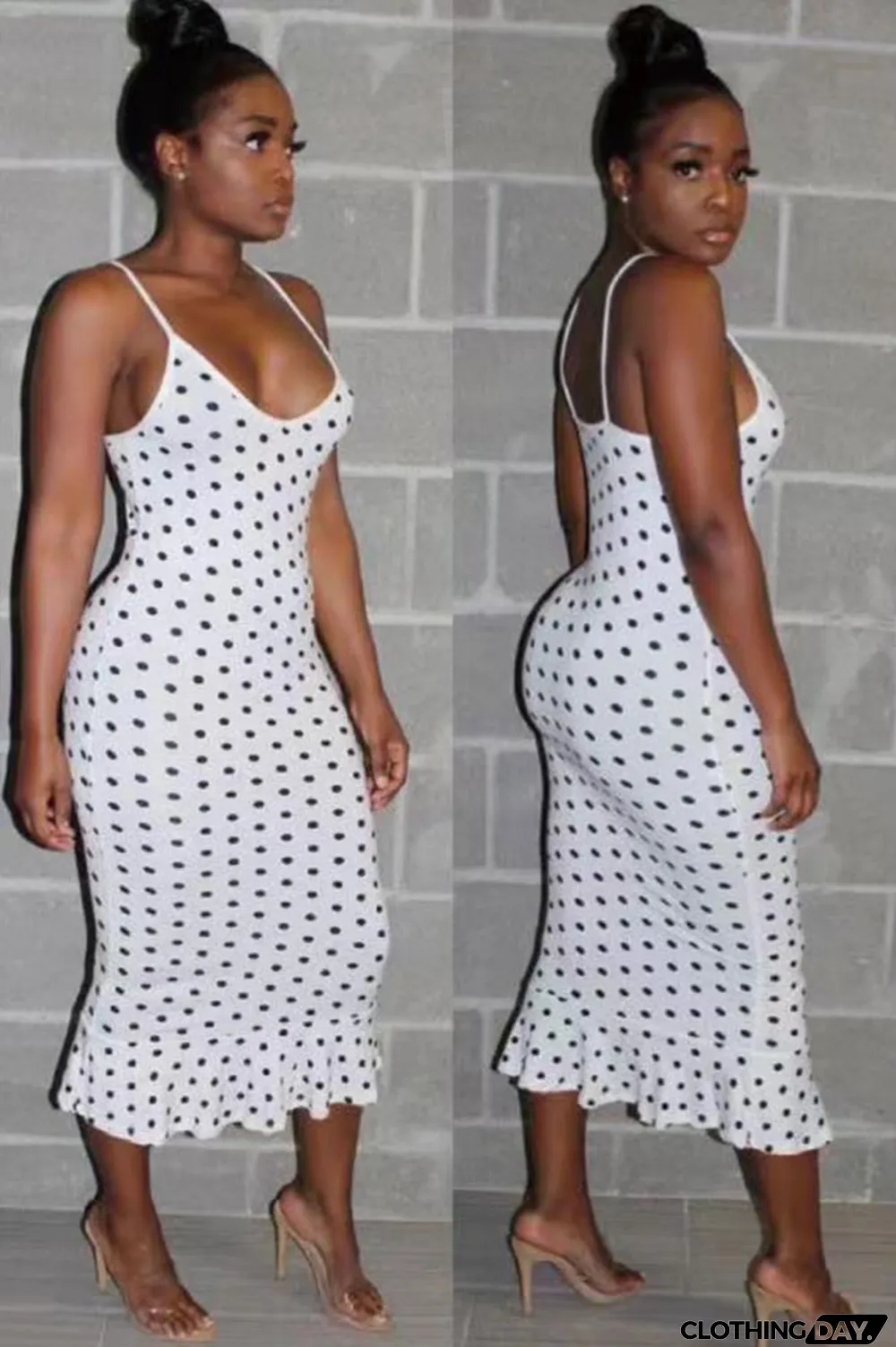 White Polyester Sexy Fashion Spaghetti Strap Sleeveless Slip Step Skirt Knee-Length Print ruffle Patchwork