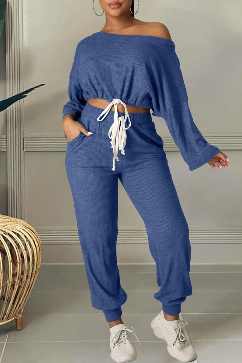 Peacock Blue Sexy Solid Patchwork Draw String Off the Shoulder Long Sleeve Two Pieces | EGEMISS