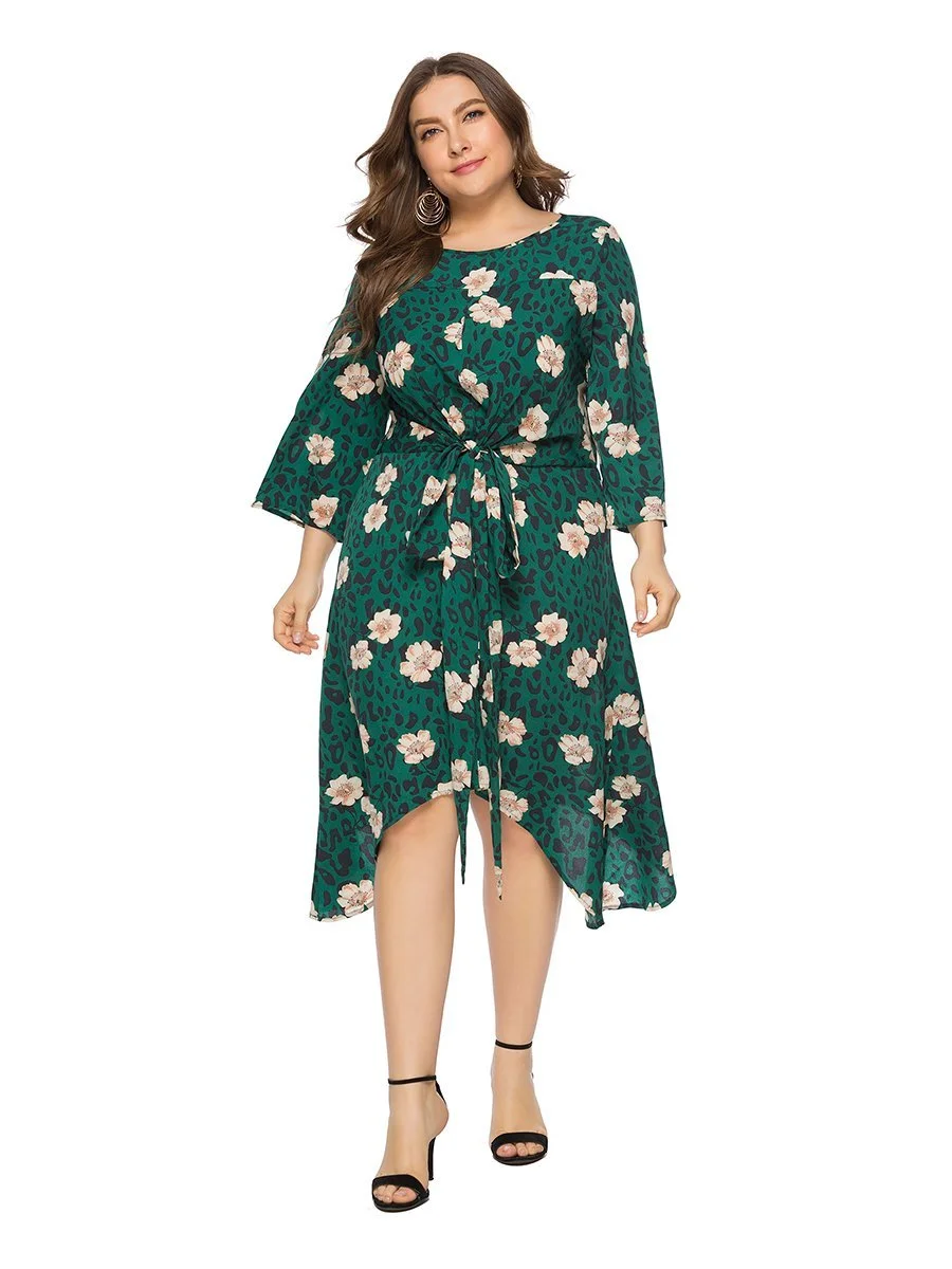 Plus Size Dress Floral Sash Design O Neck Irregular Dress