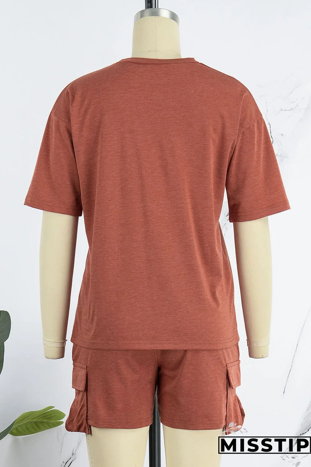 Orange Red Casual Solid Patchwork O Neck Short Sleeve Two Pieces