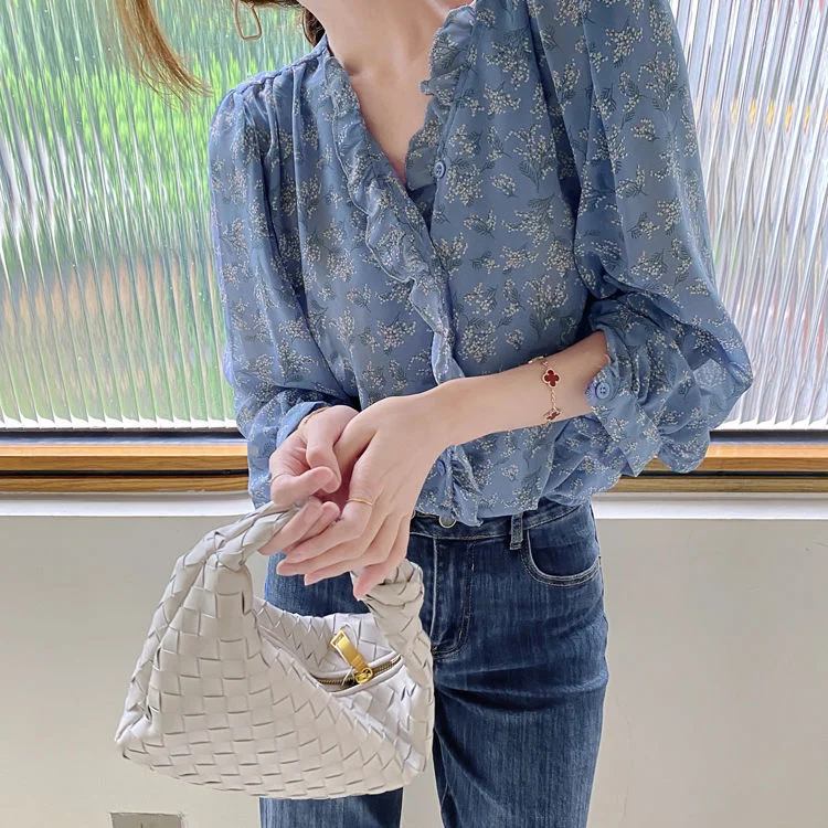 Blouses Women Chiffon Ruffled Collar Floral Printed Lantern Sleeve Korean Style Sweet Lady Elegant Leisure Gentle Fashion Shirts