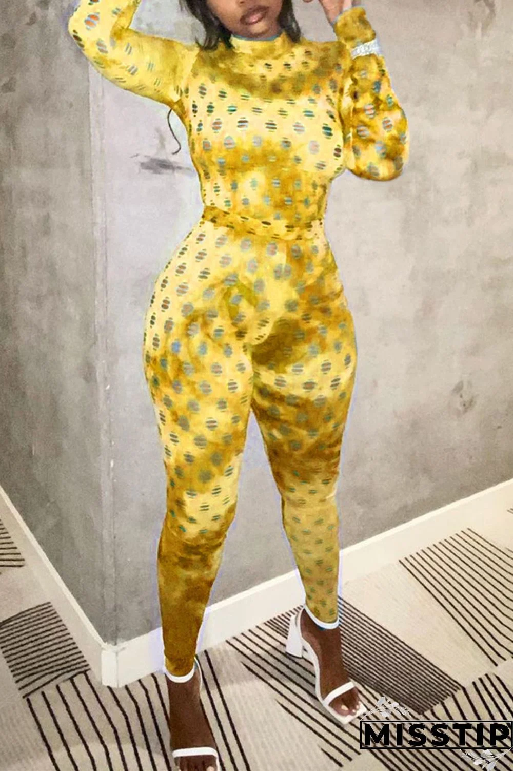 Yellow Fashion Casual Print Ripped Turtleneck Long Sleeve Two Pieces