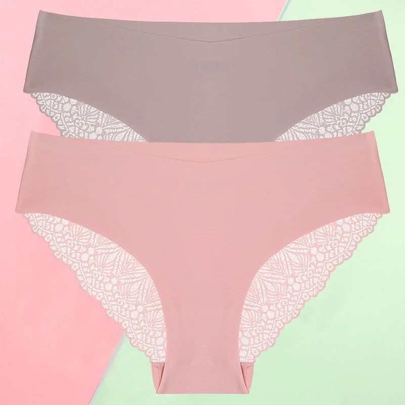 FINETOO 2PCS/Set S-XL Sexy Women Seamless Lace Pantys 6 Solid Colors Breathable Panties Lace Underwear For Girls Thong Lingerie