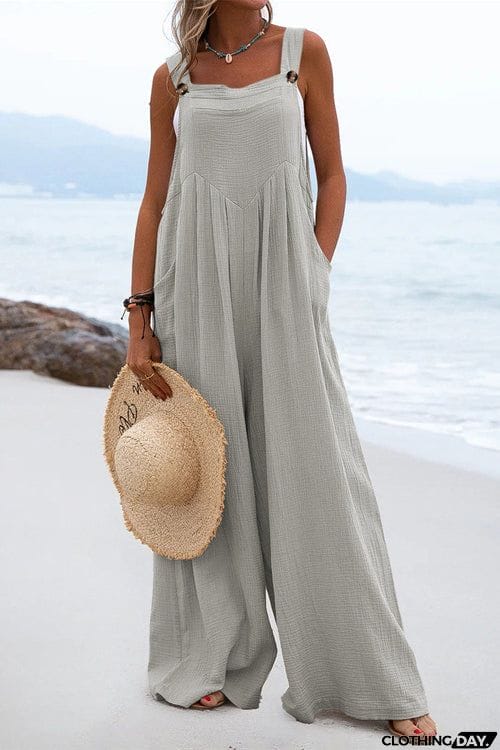 Solid Button Sling Wide-Leg Jumpsuit