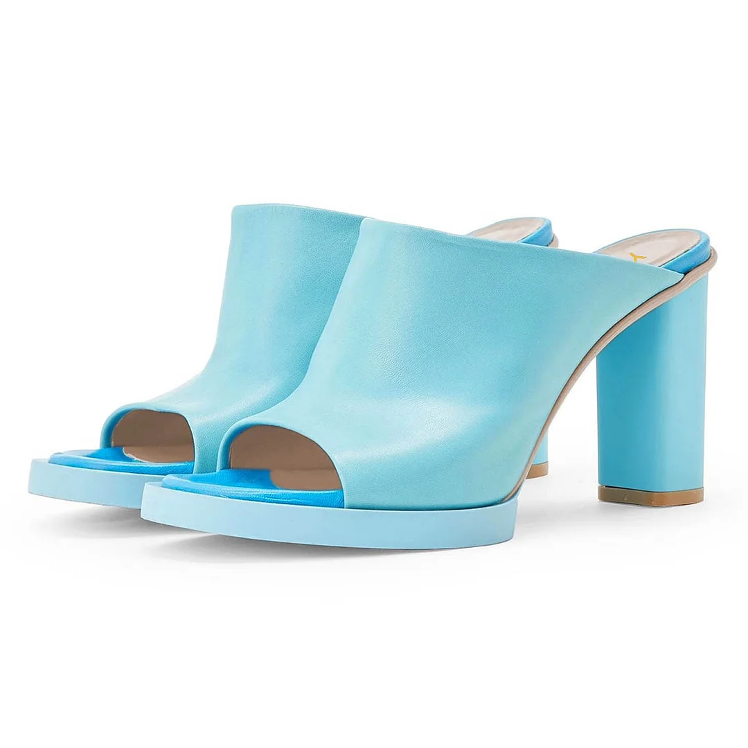 Sky Blue Open Toe Slip-On Chunky Heel Slide Shoes for Women