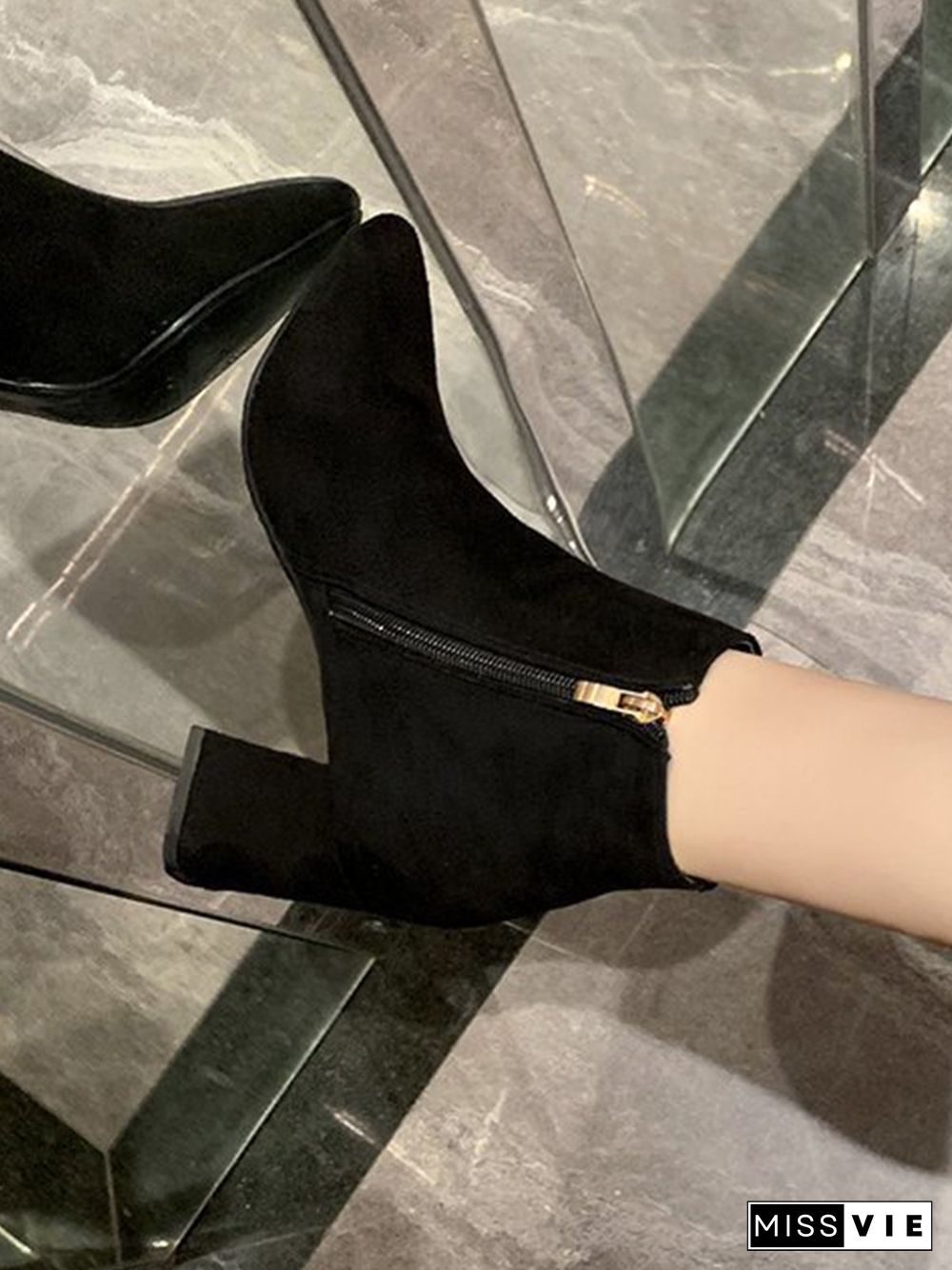 Side Zip Faux Suede Pointed Toe Chunky Heel Booties