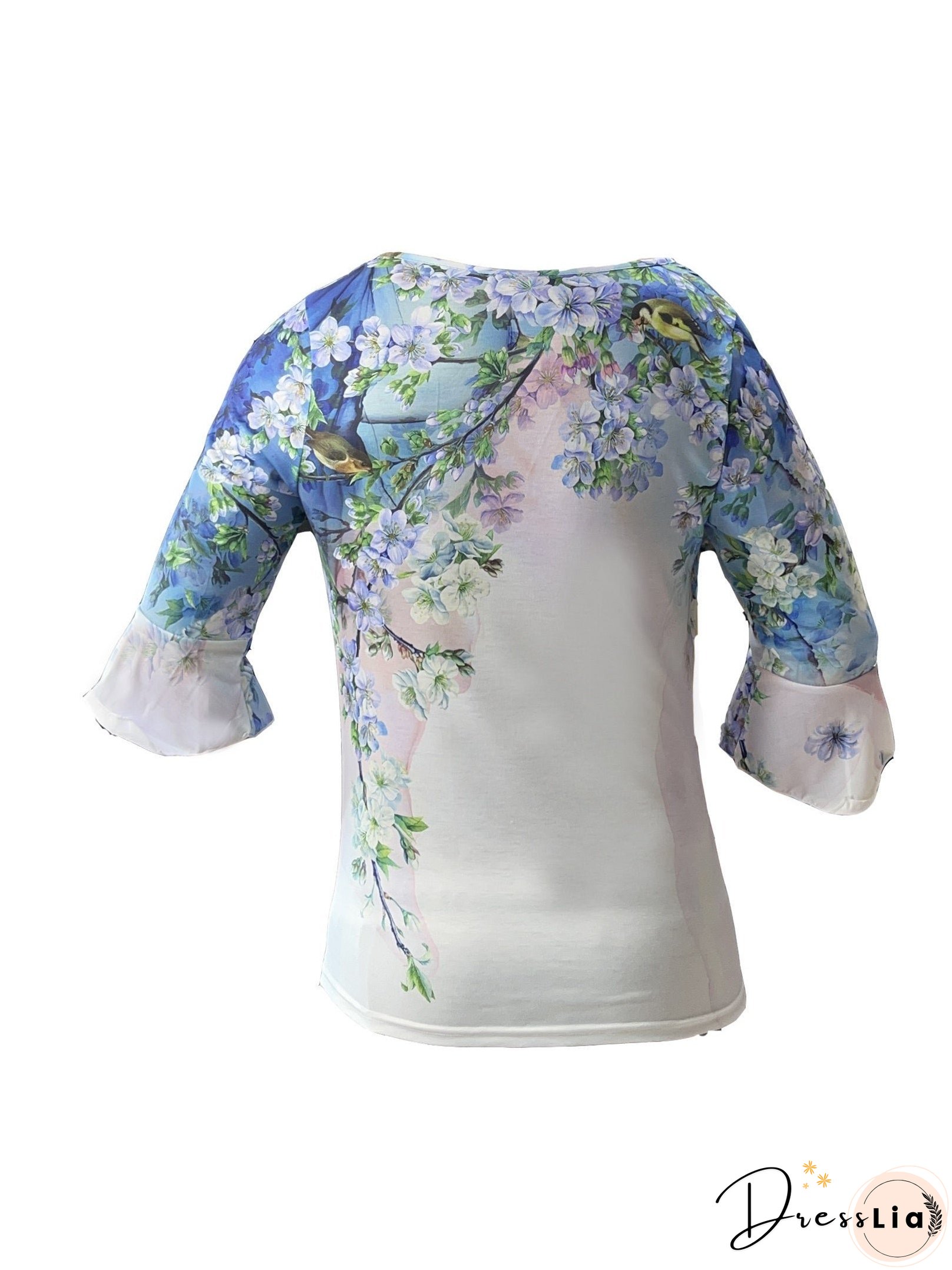 Floral Print Pleated Button Front T-Shirt, Casual Ruffle Sleeve T-Shirt For Spring & Summer, Women's Clothing