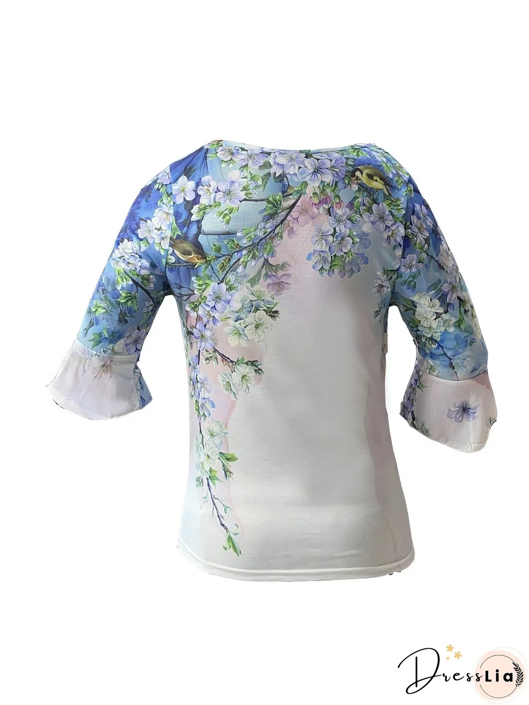 Floral Print Pleated Button Front T-Shirt, Casual Ruffle Sleeve T-Shirt For Spring & Summer, Women's Clothing