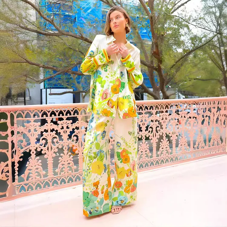 Fashion Print Holiday Casual Top Pants Suit