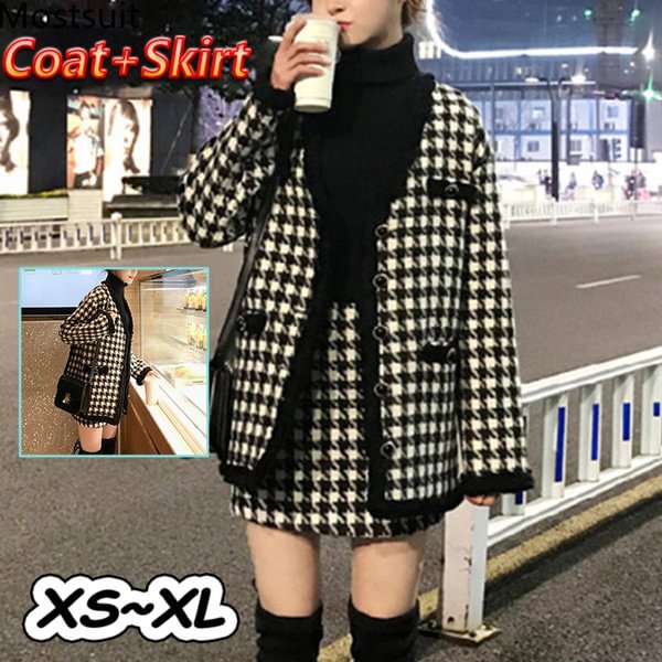 Houndstooth Vintage Two Piece Sets Outfits Women Autumn Cardigan Tops And Mini Skirt Suits Elegant Ladies Fashion 2 Piece Sets - Shop Trendy Women's Fashion | TeeYours