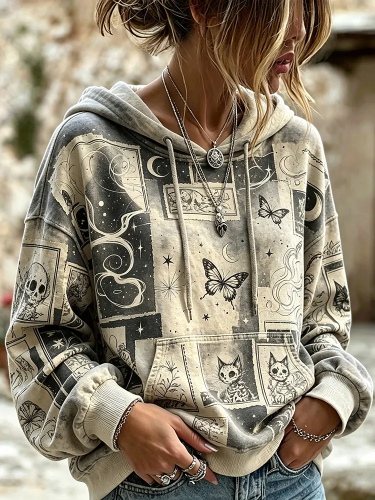 Comstylish Vintage Distressed Grunge Gothic Collage Print Comic Skeleton Cat Butterfly Moon Hoodie