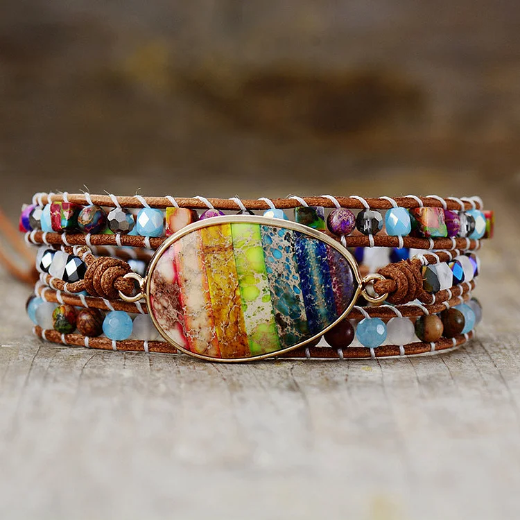 Colorful Imperial Stone Leather Rope Triple Wrap Bracelet