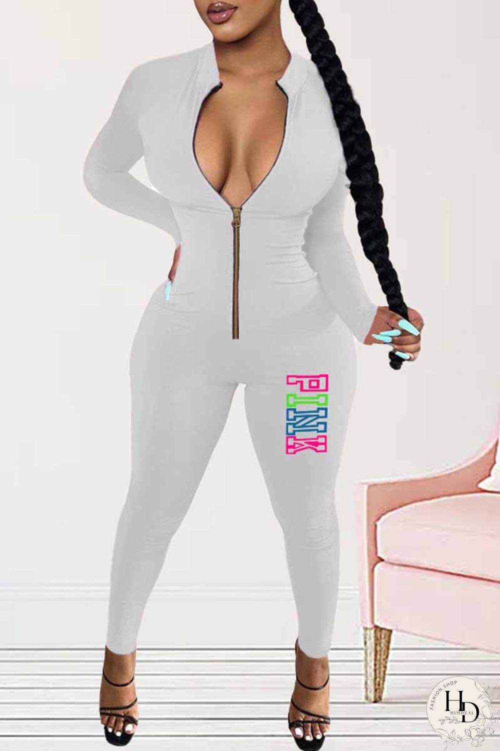 Orange Sportswear Print Letter Zipper Collar Jumpsuits