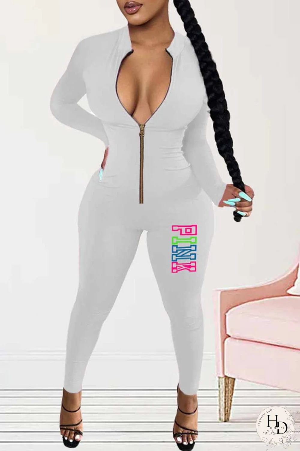 White Sportswear Print Letter Zipper Collar Jumpsuits
