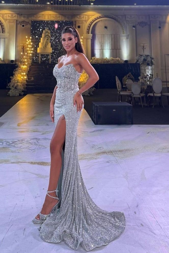 Ovlias Chic Silver Strapless Sleeveless Split Rhinestone Backless Prom Dress XJ0173