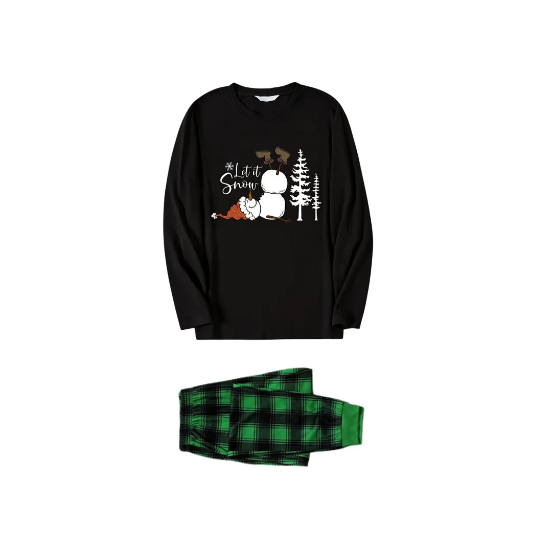 "Let it Snow" Text and Snowman Printed Black and Green Plaid Family Christmas Matching Pajamas