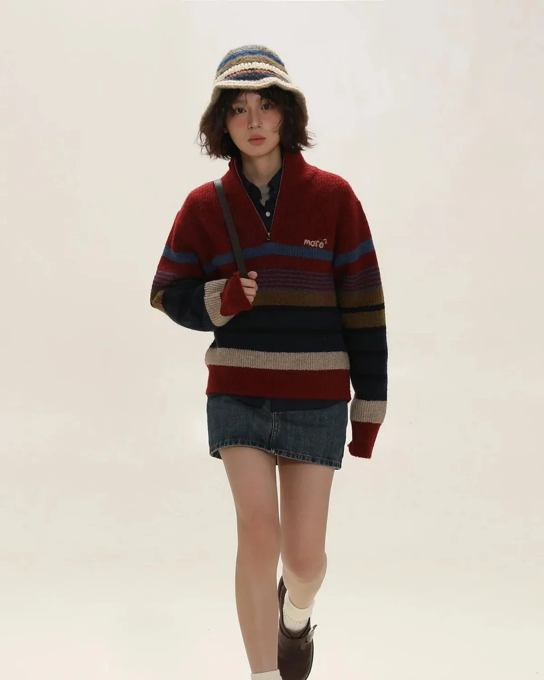 Brownm Aesthetic Knitted Zip Sweater